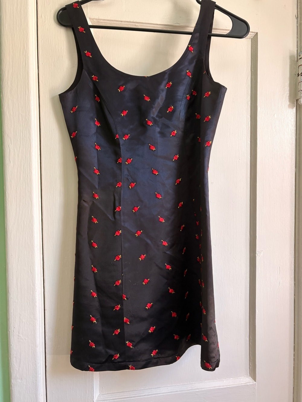 Rare! Vintage Betsey Johnson Black Satin Mini Dress with Red Rose Embroidery - Picture 8 of 11